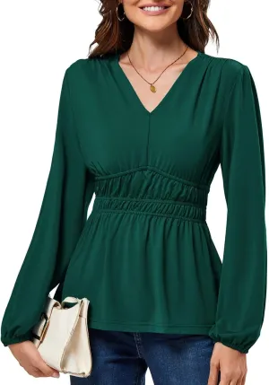 JASAMBAC Women's Elegant V Neck Peplum Tops Shirred Elastic Waist Long Sleeve Shirts Wrap Casual Business Work Blouses