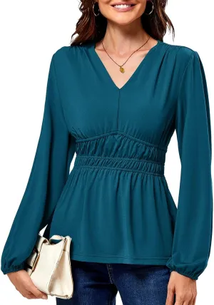 JASAMBAC Women's Elegant V Neck Peplum Tops Shirred Elastic Waist Long Sleeve Shirts Wrap Casual Business Work Blouses
