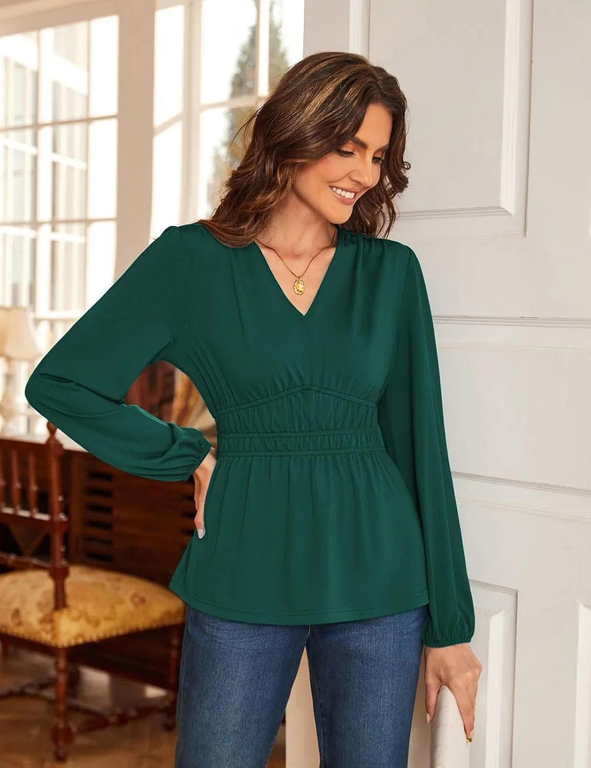 JASAMBAC Women's Elegant V Neck Peplum Tops Shirred Elastic Waist Long Sleeve Shirts Wrap Casual Business Work Blouses