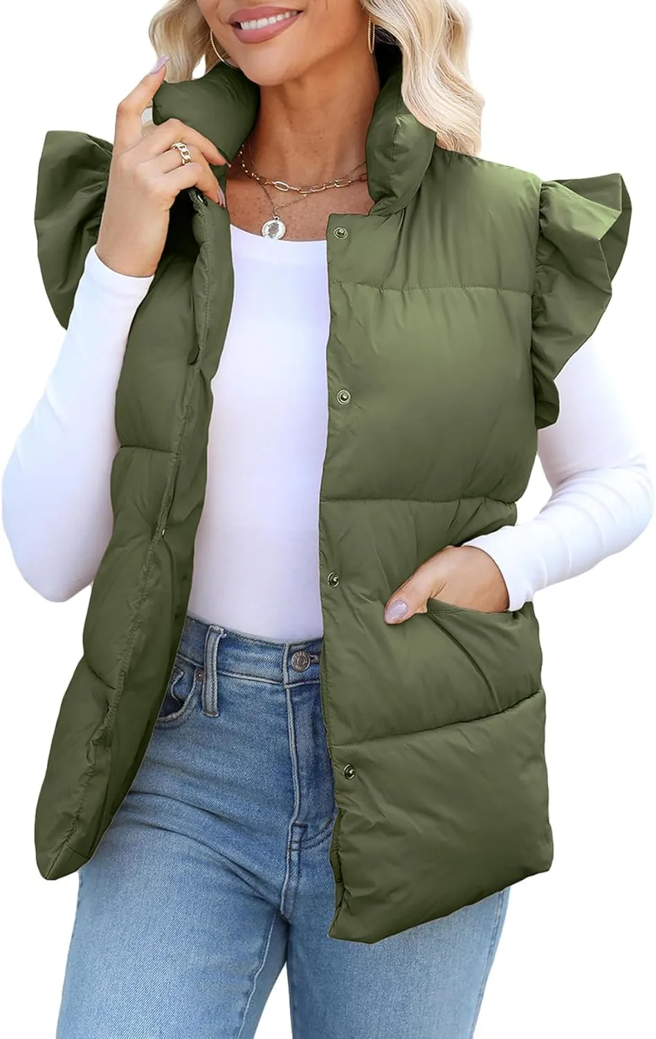 Kedera Women's Ruffle Sleeve Puffy Puffer Vests Winter Button Down Padded Gilet with Pocket