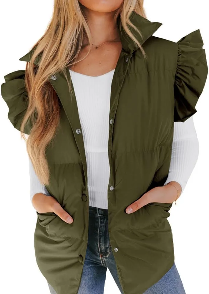 Kedera Women's Ruffle Sleeve Puffy Puffer Vests Winter Button Down Padded Gilet with Pocket