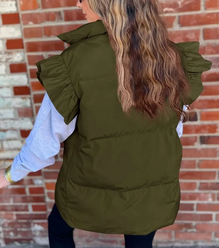 Kedera Women's Ruffle Sleeve Puffy Puffer Vests Winter Button Down Padded Gilet with Pocket