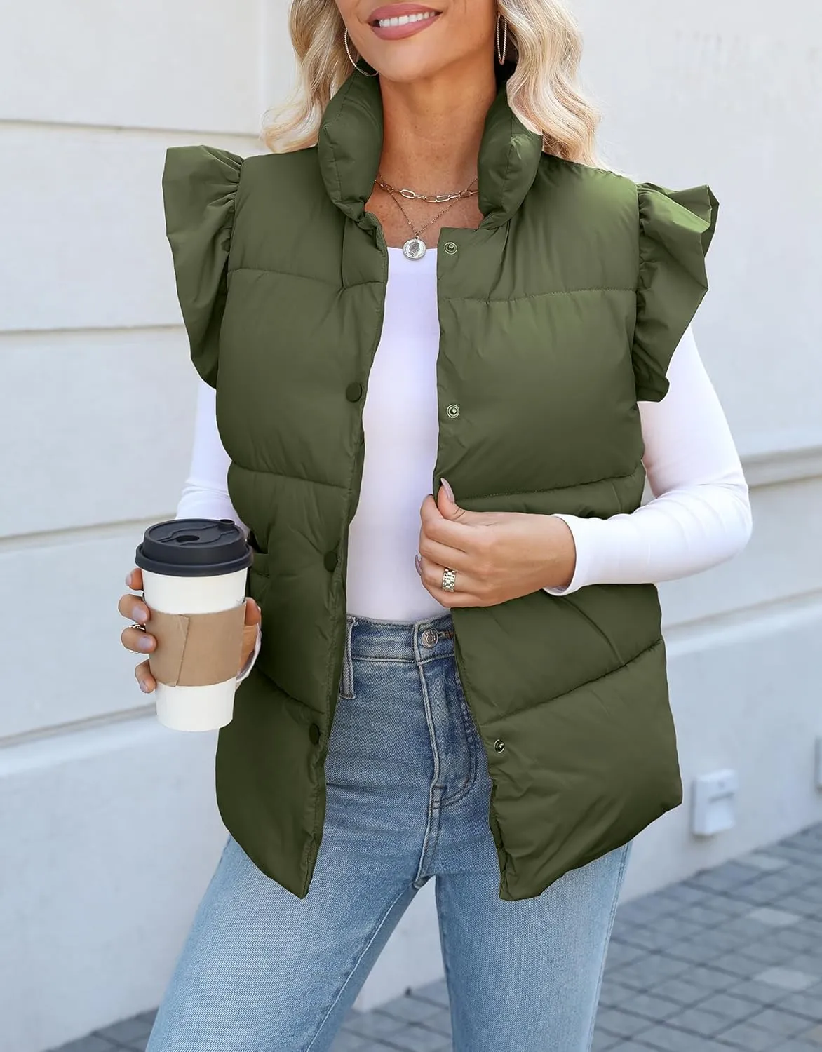 Kedera Women's Ruffle Sleeve Puffy Puffer Vests Winter Button Down Padded Gilet with Pocket