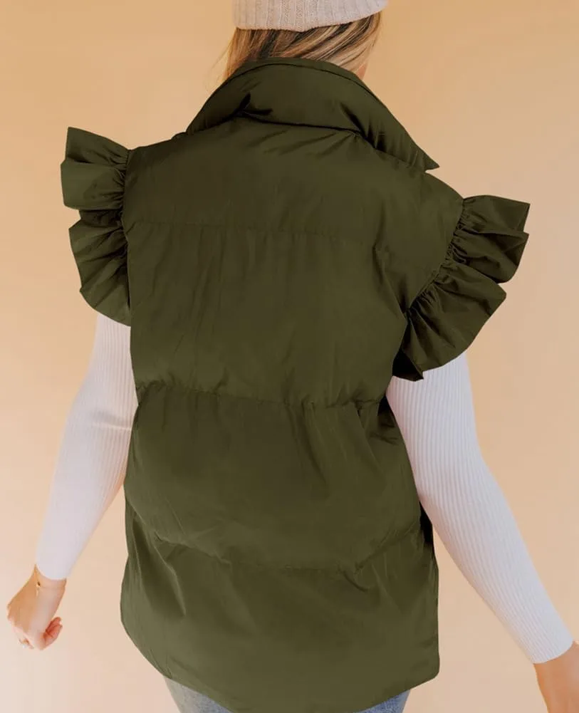 Kedera Women's Ruffle Sleeve Puffy Puffer Vests Winter Button Down Padded Gilet with Pocket