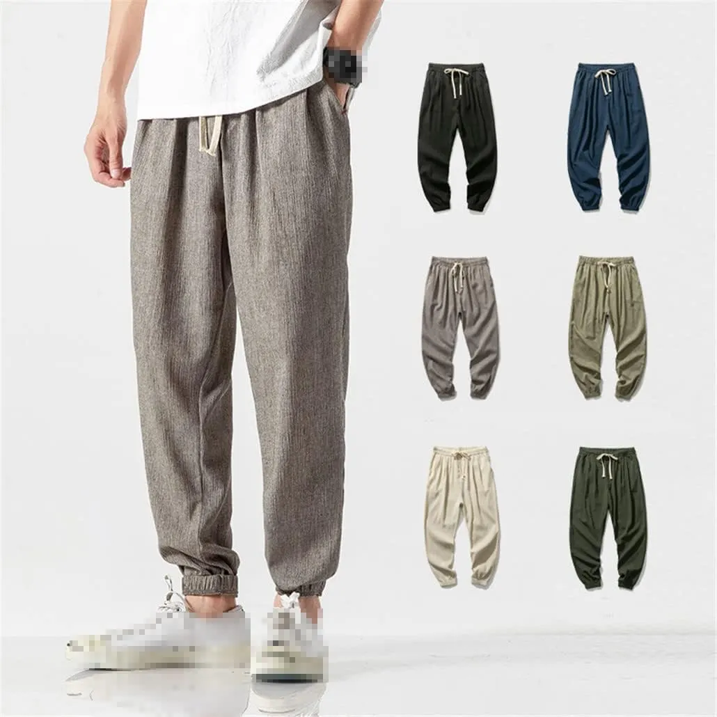 keusyoi Chinese Style Jogger Harem Pants Men Cotton Linen Sweatpants Men Casual Lightweight Trousers Summer Men Pants
