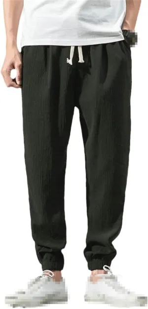 keusyoi Chinese Style Jogger Harem Pants Men Cotton Linen Sweatpants Men Casual Lightweight Trousers Summer Men Pants