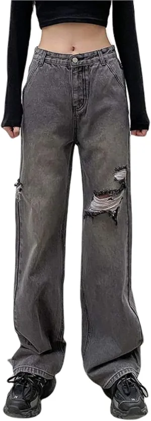 KMBANGI Womens High Waisted Wide Leg Pants Straight Denim Jeans Casual Baggy Trousers Y2K Streetwear Fashion