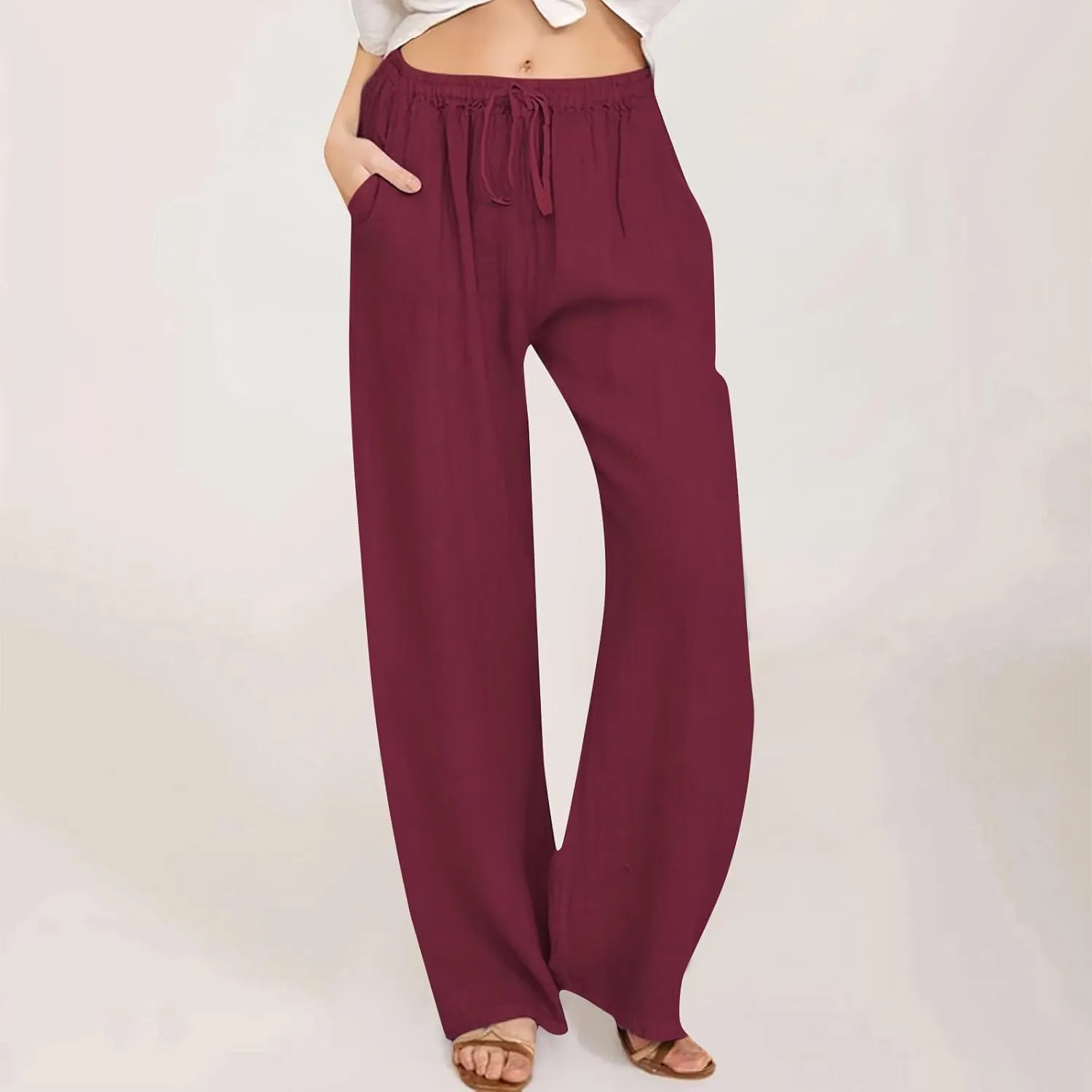 KUIOLYPOER Women's Cotton Linen Pants Summer Wide Leg Casual Loose Drawstring High Waist Palazzo Pants Trousers with Pockets