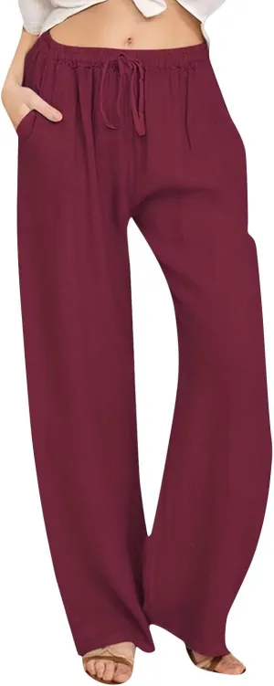 KUIOLYPOER Women's Cotton Linen Pants Summer Wide Leg Casual Loose Drawstring High Waist Palazzo Pants Trousers with Pockets