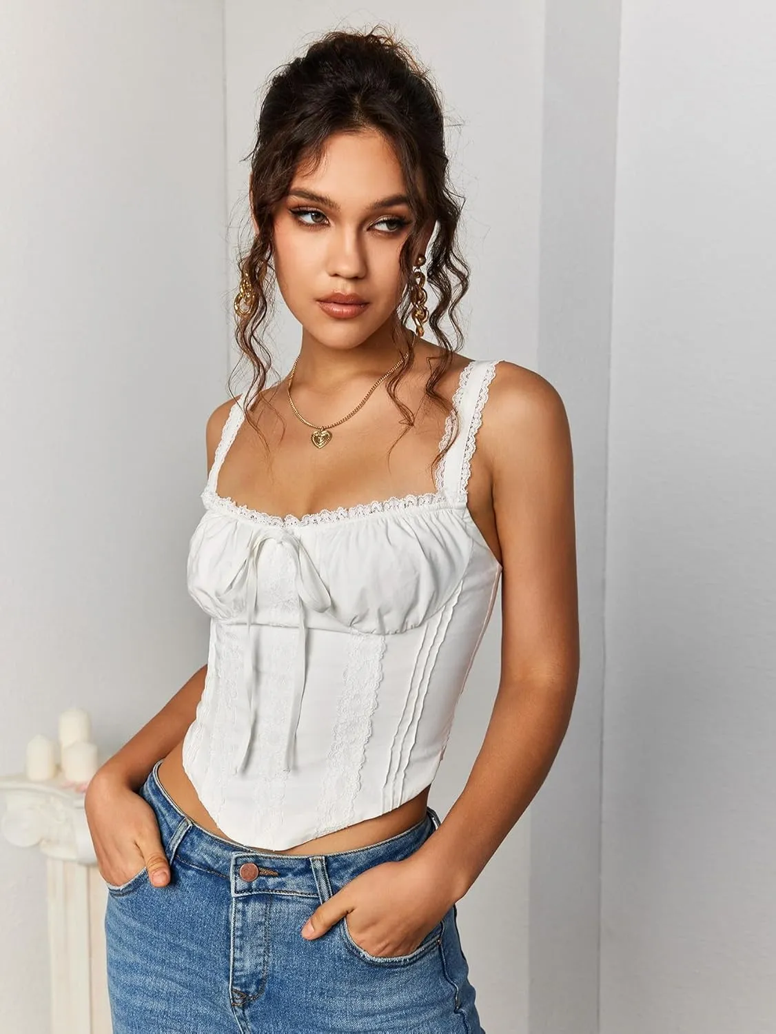 KUTUMAI Lace Corset Top Y2K Cute Square Neck Bustier Going Out Tank Crop Tops for Women Trendy Summer