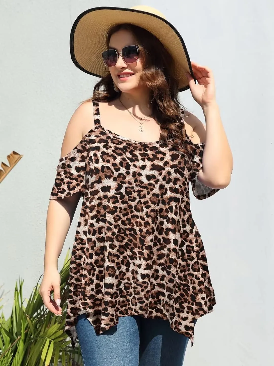LARACE Cold Shoulder Tops for Womens Summer Clothes Spaghetti Strape Tunic Oversized Shirts Asymmetrical Plus Size Blouse