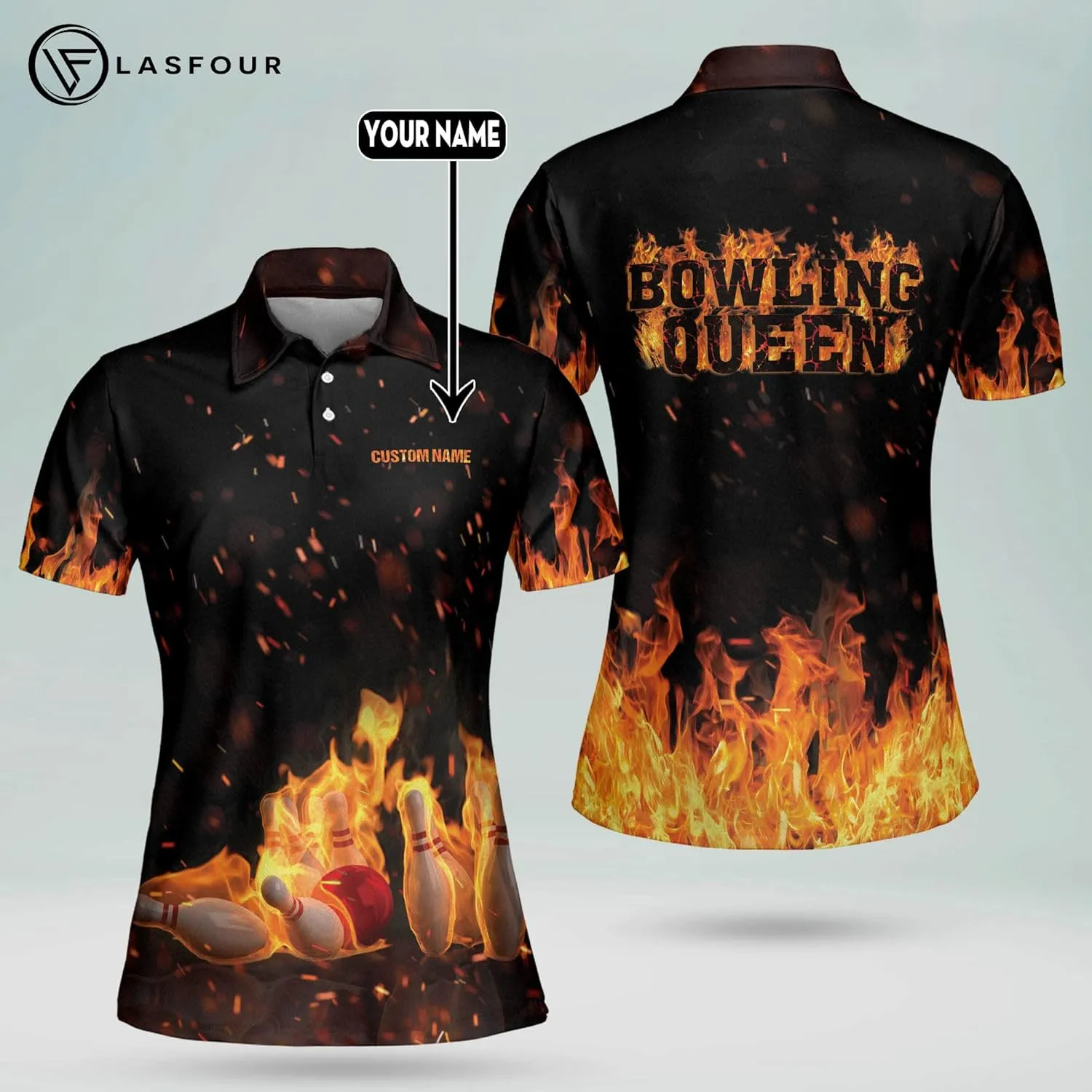LASFOUR Personalized 3D Bowling Shirts for Women, Custom Quick-Dry Bowling Shirts Short Sleeve Polo for Girls