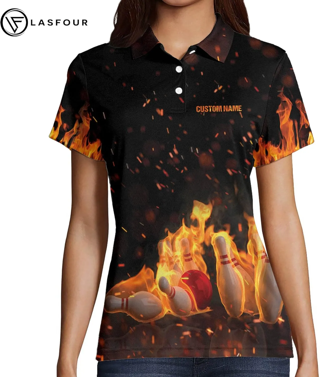 LASFOUR Personalized 3D Bowling Shirts for Women, Custom Quick-Dry Bowling Shirts Short Sleeve Polo for Girls