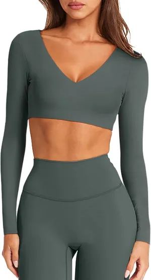 LASLULU Sexy V Neck Long Sleeve Crop Tops for Women Workout Tops Athletic Gym Shirts Running Cropped Tops with Built in Bra