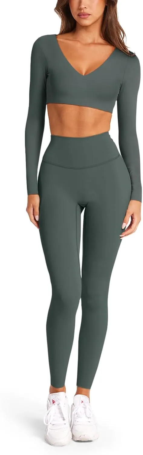 LASLULU Sexy V Neck Long Sleeve Crop Tops for Women Workout Tops Athletic Gym Shirts Running Cropped Tops with Built in Bra