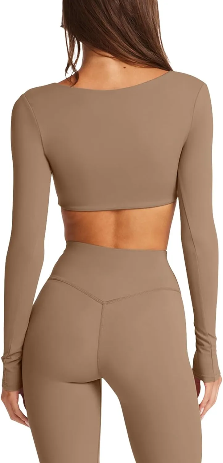 LASLULU Sexy V Neck Long Sleeve Crop Tops for Women Workout Tops Athletic Gym Shirts Running Cropped Tops with Built in Bra