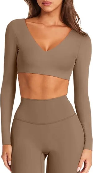 LASLULU Sexy V Neck Long Sleeve Crop Tops for Women Workout Tops Athletic Gym Shirts Running Cropped Tops with Built in Bra