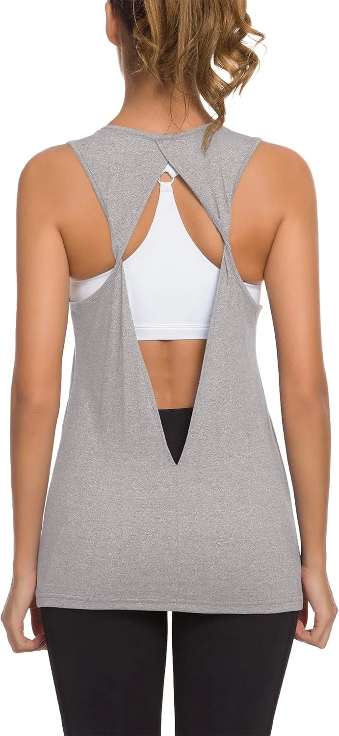 Laughido Womens Open Back Workout Tops Athletic Yoga Vests Backless Sleeveless Tank Tops