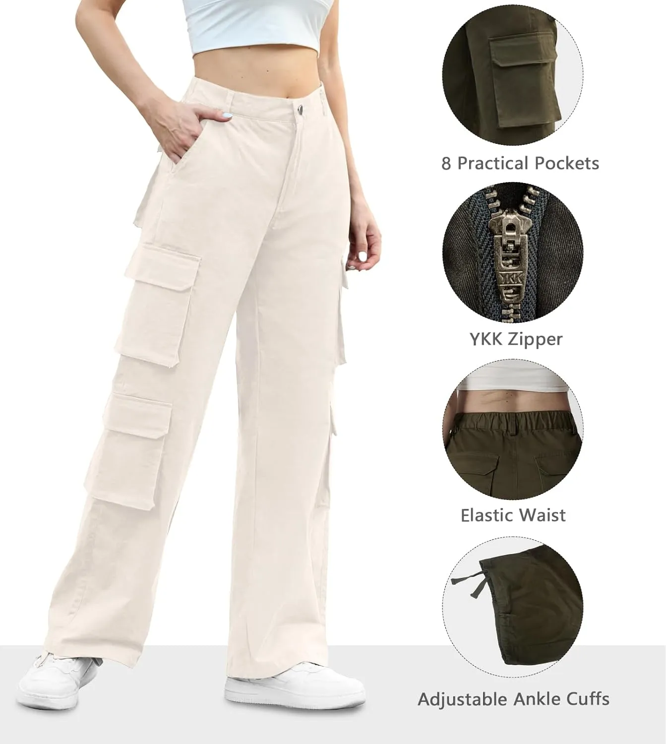 Lepunuo Womens Cargo Pants High Waisted Casual Pants Baggy Stretchy Wide Leg Y2k Streetwear with 8 Pockets