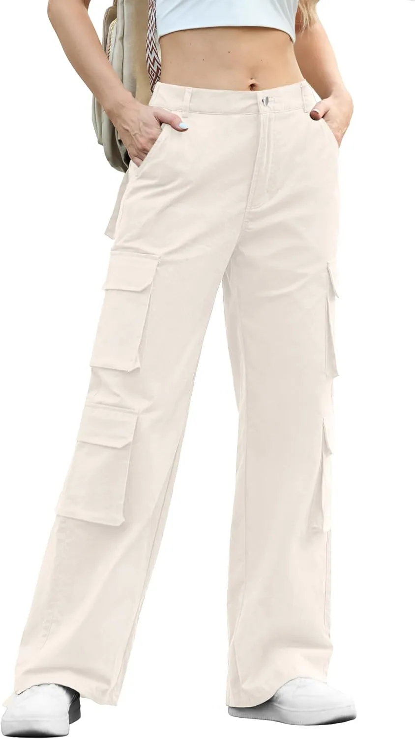 Lepunuo Womens Cargo Pants High Waisted Casual Pants Baggy Stretchy Wide Leg Y2k Streetwear with 8 Pockets