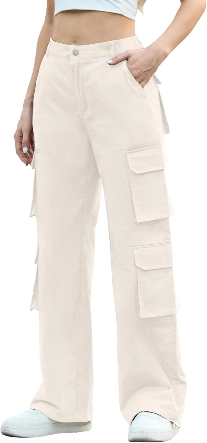 Lepunuo Womens Cargo Pants High Waisted Casual Pants Baggy Stretchy Wide Leg Y2k Streetwear with 8 Pockets