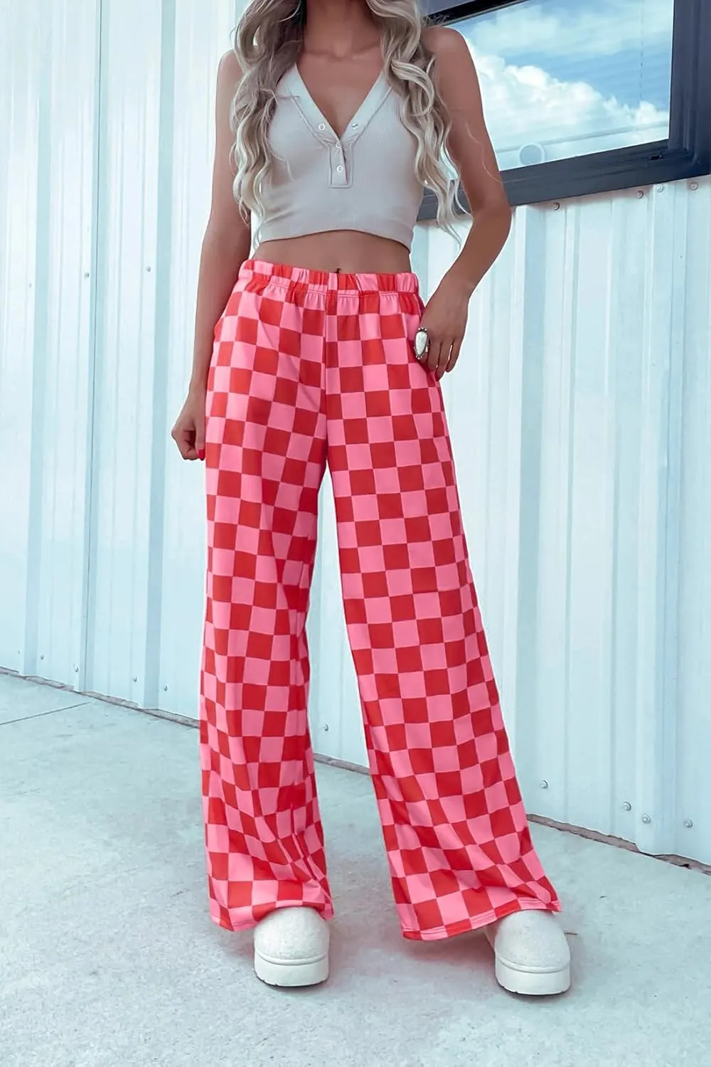 Lesore Womens Casual 2-Tone Checkered Print Pants Elastic High Waist Wide Leg Pants Lounge with Pockets