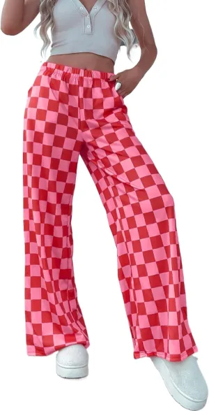 Lesore Womens Casual 2-Tone Checkered Print Pants Elastic High Waist Wide Leg Pants Lounge with Pockets