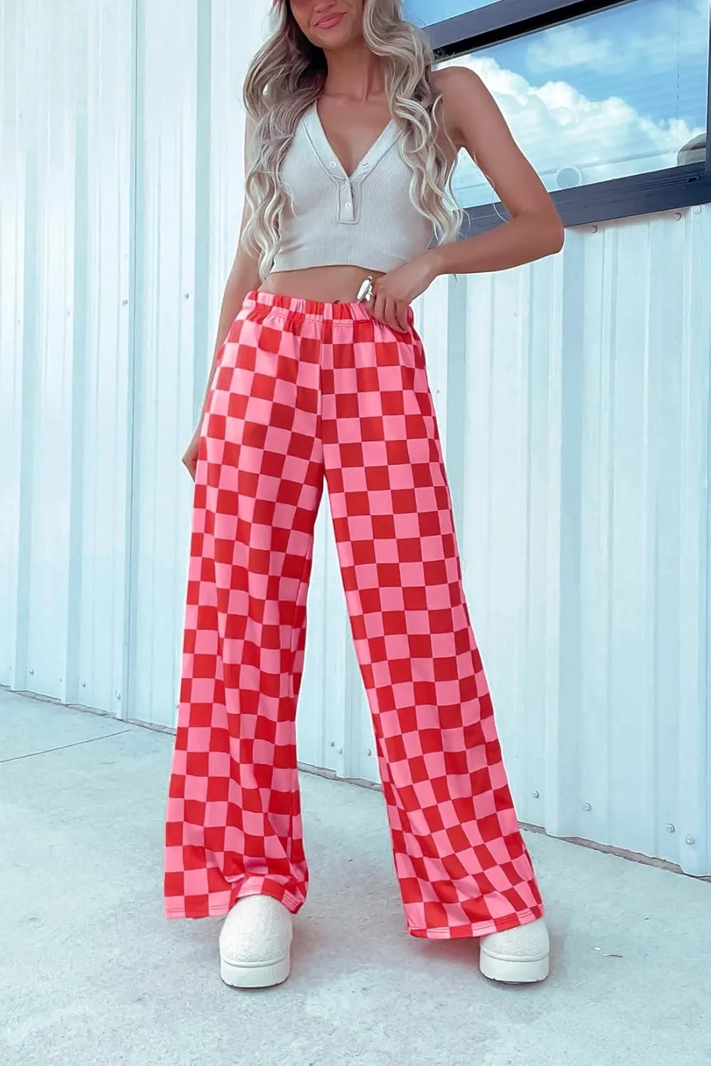 Lesore Womens Casual 2-Tone Checkered Print Pants Elastic High Waist Wide Leg Pants Lounge with Pockets