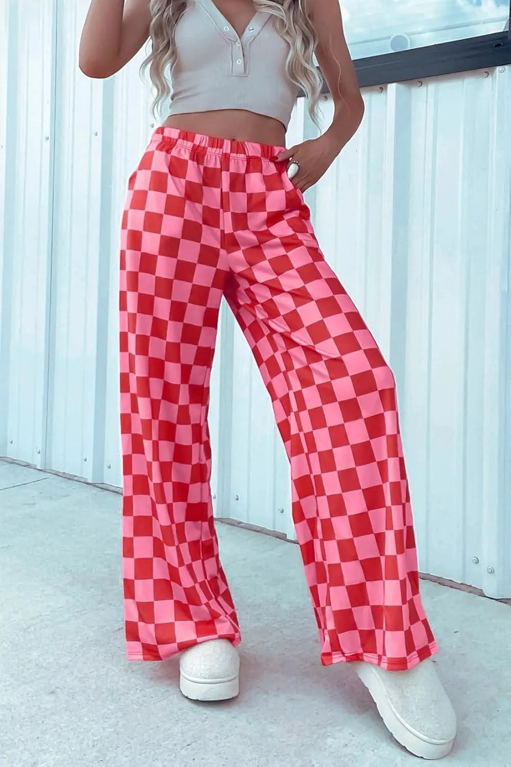 Lesore Womens Casual 2-Tone Checkered Print Pants Elastic High Waist Wide Leg Pants Lounge with Pockets