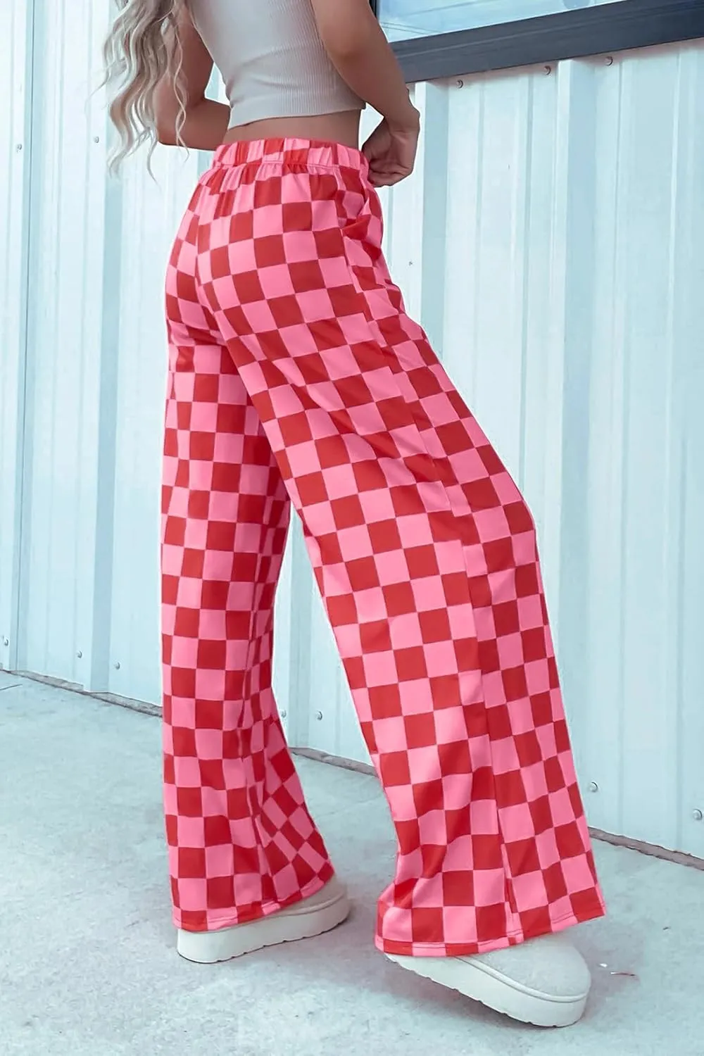 Lesore Womens Casual 2-Tone Checkered Print Pants Elastic High Waist Wide Leg Pants Lounge with Pockets