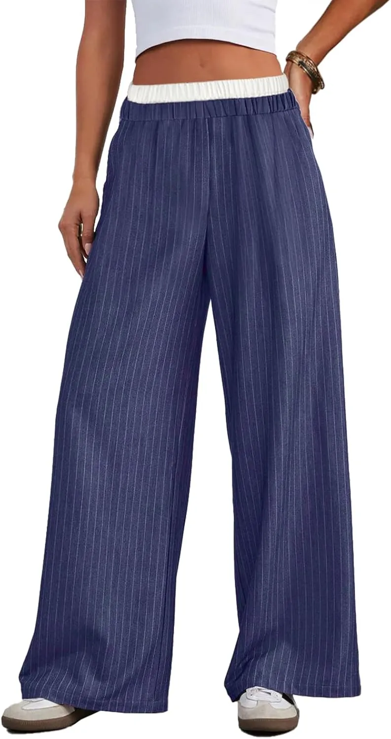 Lesore Womens Striped Color Block High Elastic Waist Wide Leg Pants Trousers Long Straight Suit Pants