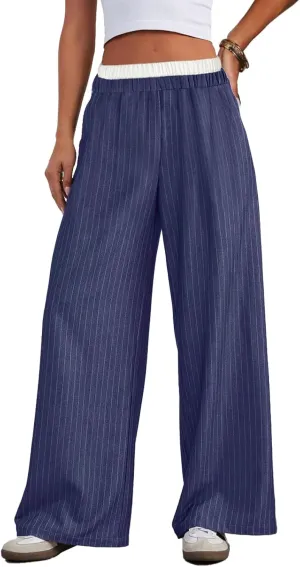 Lesore Womens Striped Color Block High Elastic Waist Wide Leg Pants Trousers Long Straight Suit Pants