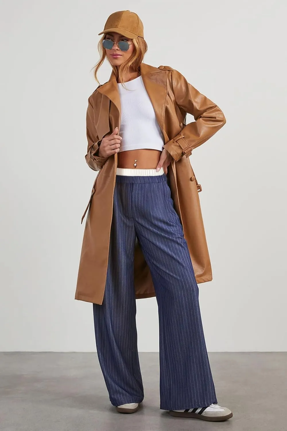 Lesore Womens Striped Color Block High Elastic Waist Wide Leg Pants Trousers Long Straight Suit Pants
