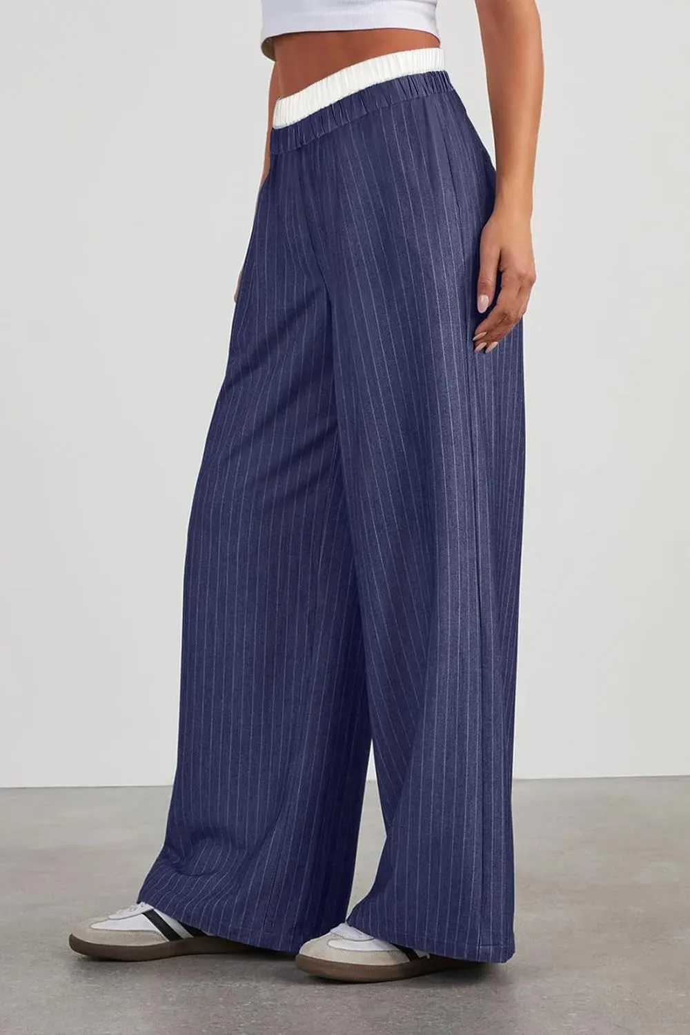 Lesore Womens Striped Color Block High Elastic Waist Wide Leg Pants Trousers Long Straight Suit Pants