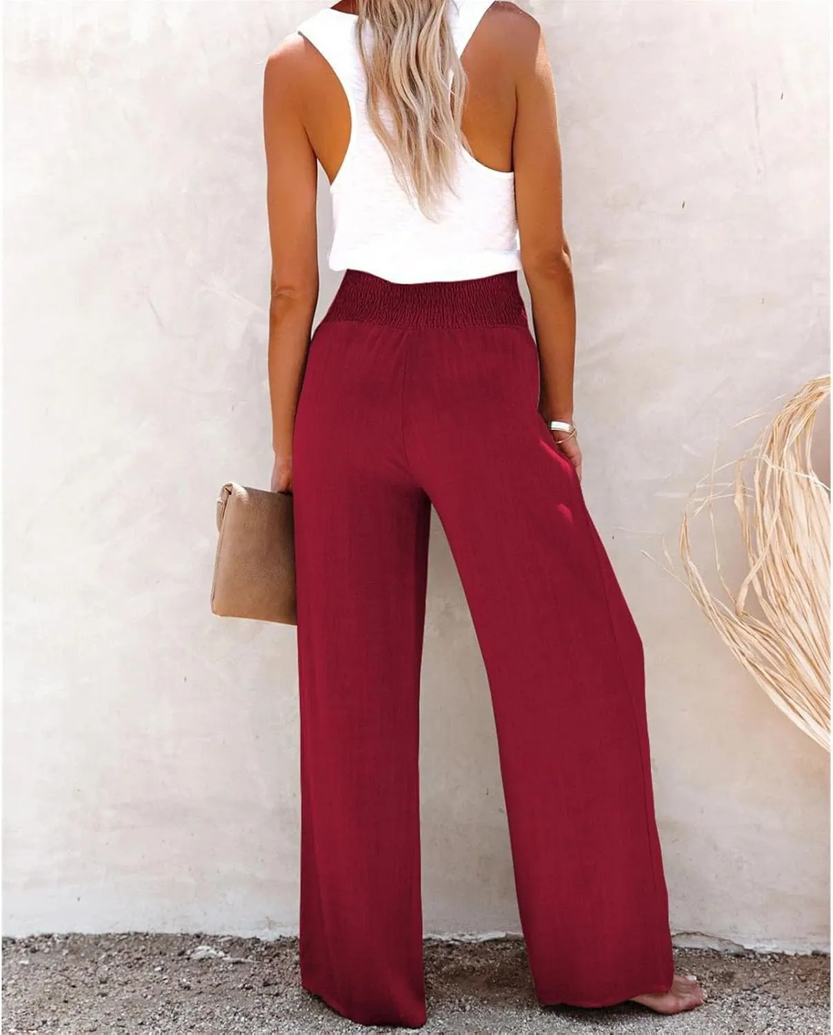 Linen Blend High Rise Smocked Pants,Women's Summer Solid High Waisted Loose Casual Elastic Waist Wide-Leg Trousers