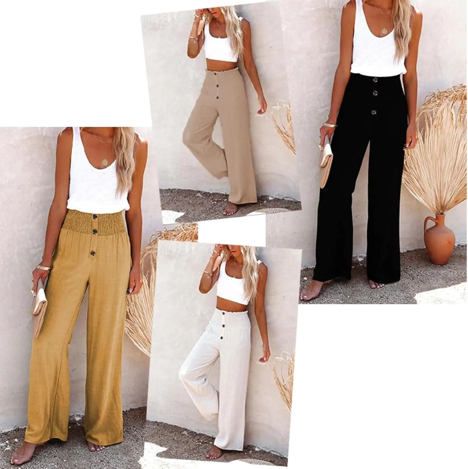 Linen Blend High Rise Smocked Pants,Women's Summer Solid High Waisted Loose Casual Elastic Waist Wide-Leg Trousers