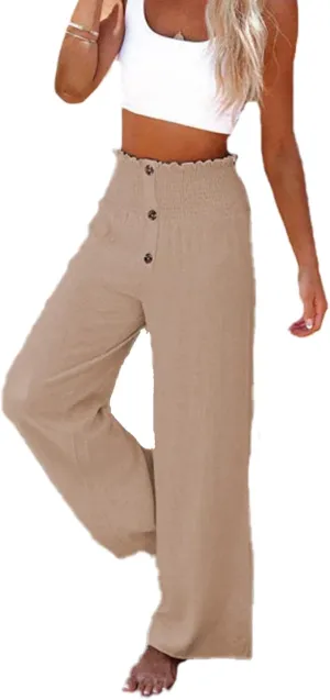 Linen Blend High Rise Smocked Pants,Women's Summer Solid High Waisted Loose Casual Elastic Waist Wide-Leg Trousers