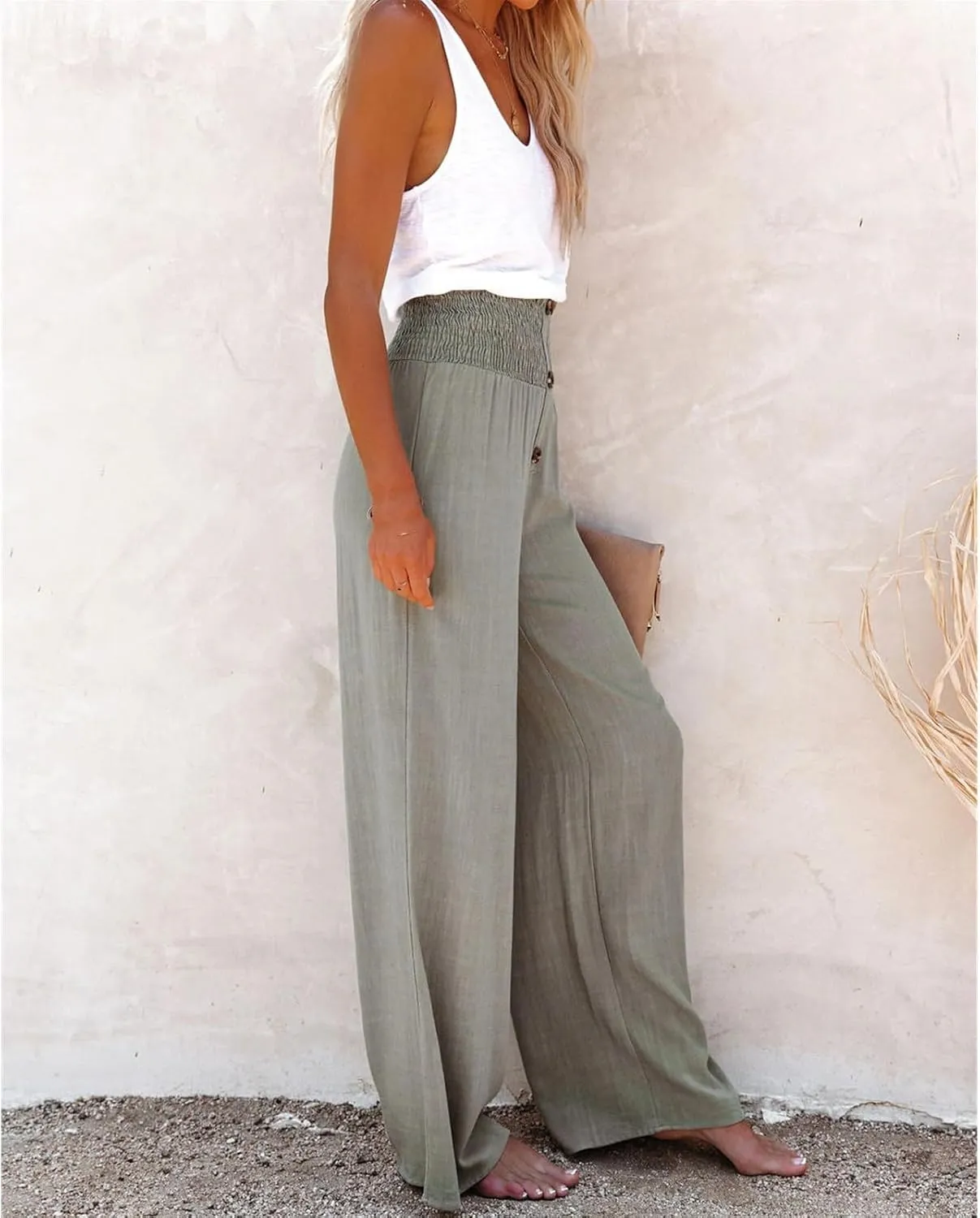 Linen Blend High Rise Smocked Pants,Women's Summer Solid High Waisted Loose Casual Elastic Waist Wide-Leg Trousers