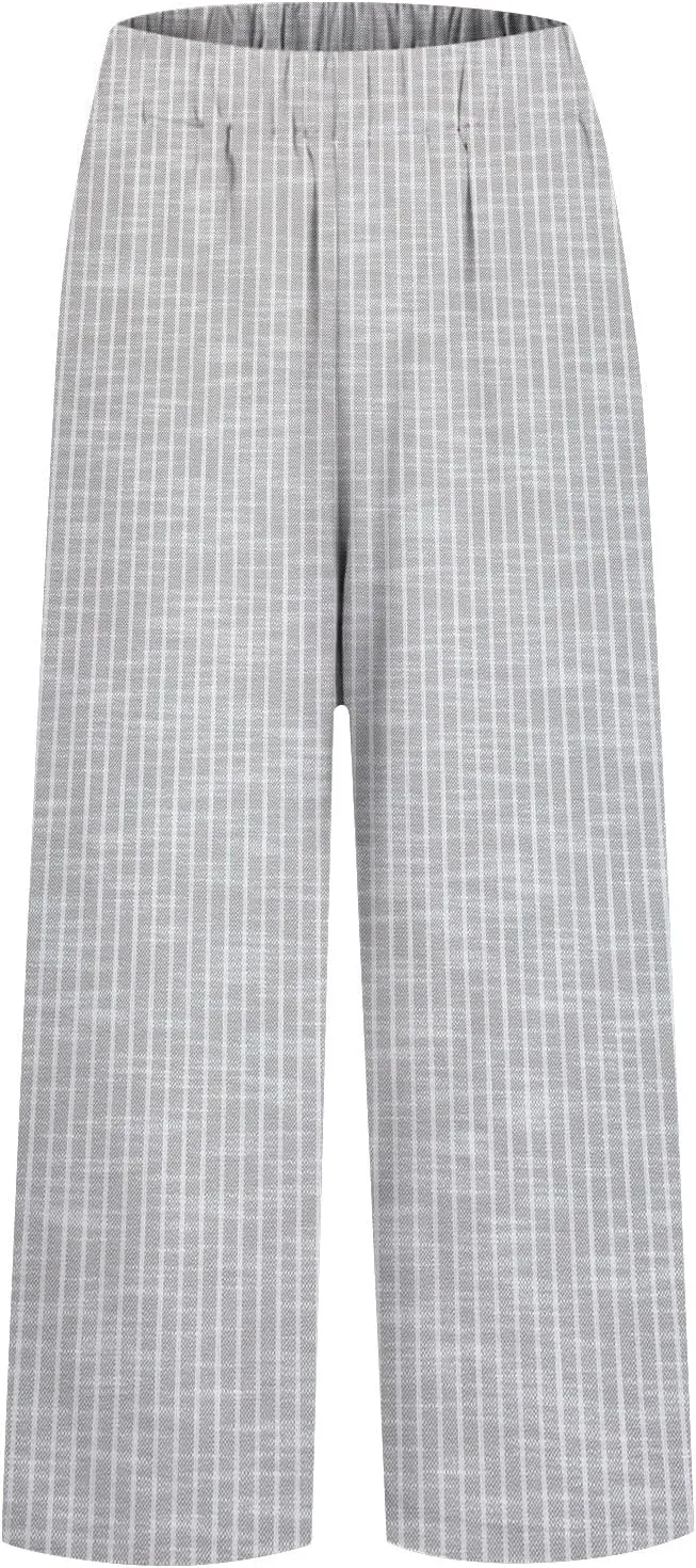 Linen Capri Pants for Women Drawstring Waisted Straight Wide Leg Lounge Pant Striped Spring Summer Beach Trousers