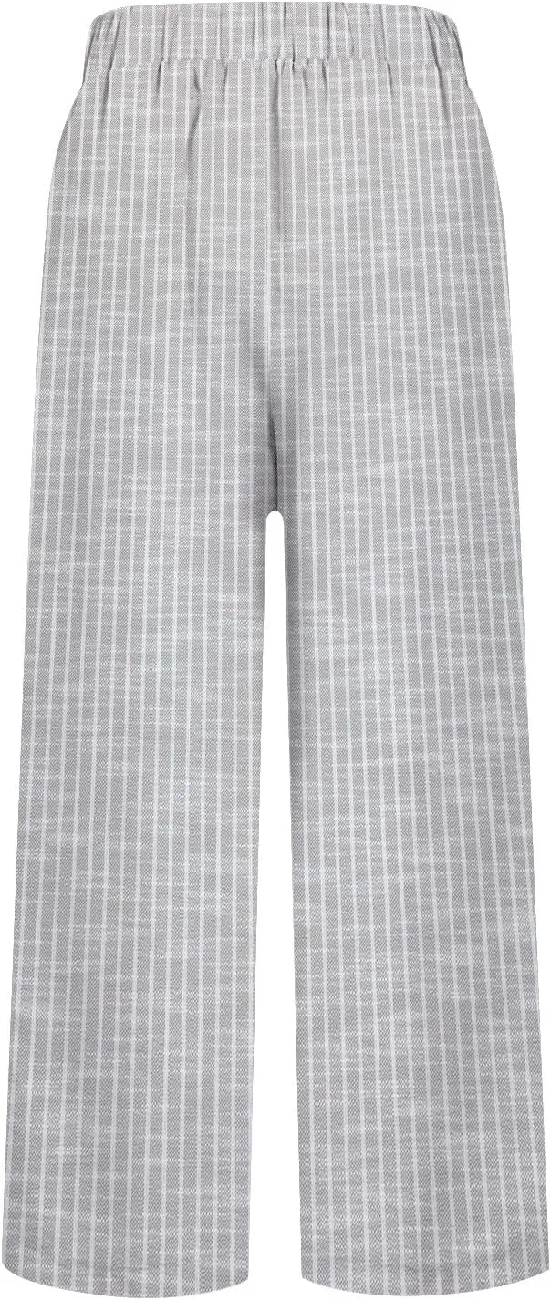 Linen Capri Pants for Women Drawstring Waisted Straight Wide Leg Lounge Pant Striped Spring Summer Beach Trousers