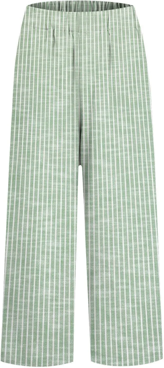 Linen Capri Pants for Women Drawstring Waisted Straight Wide Leg Lounge Pant Striped Spring Summer Beach Trousers