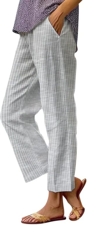 Linen Capri Pants for Women Drawstring Waisted Straight Wide Leg Lounge Pant Striped Spring Summer Beach Trousers