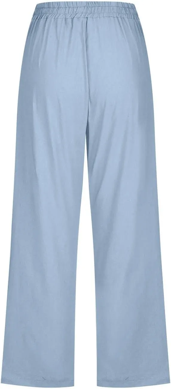 Linen Capris Pants for Women Summer Casual Drawstring Loose Elastic High Waist Cropped Straight Trousers with Pockets