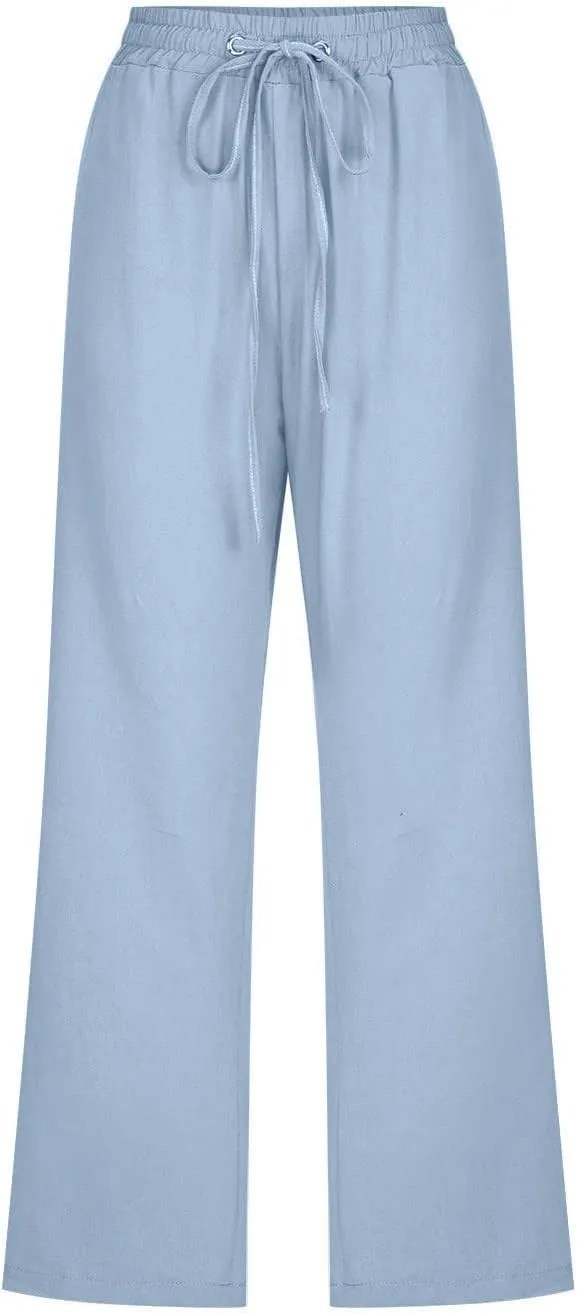 Linen Capris Pants for Women Summer Casual Drawstring Loose Elastic High Waist Cropped Straight Trousers with Pockets