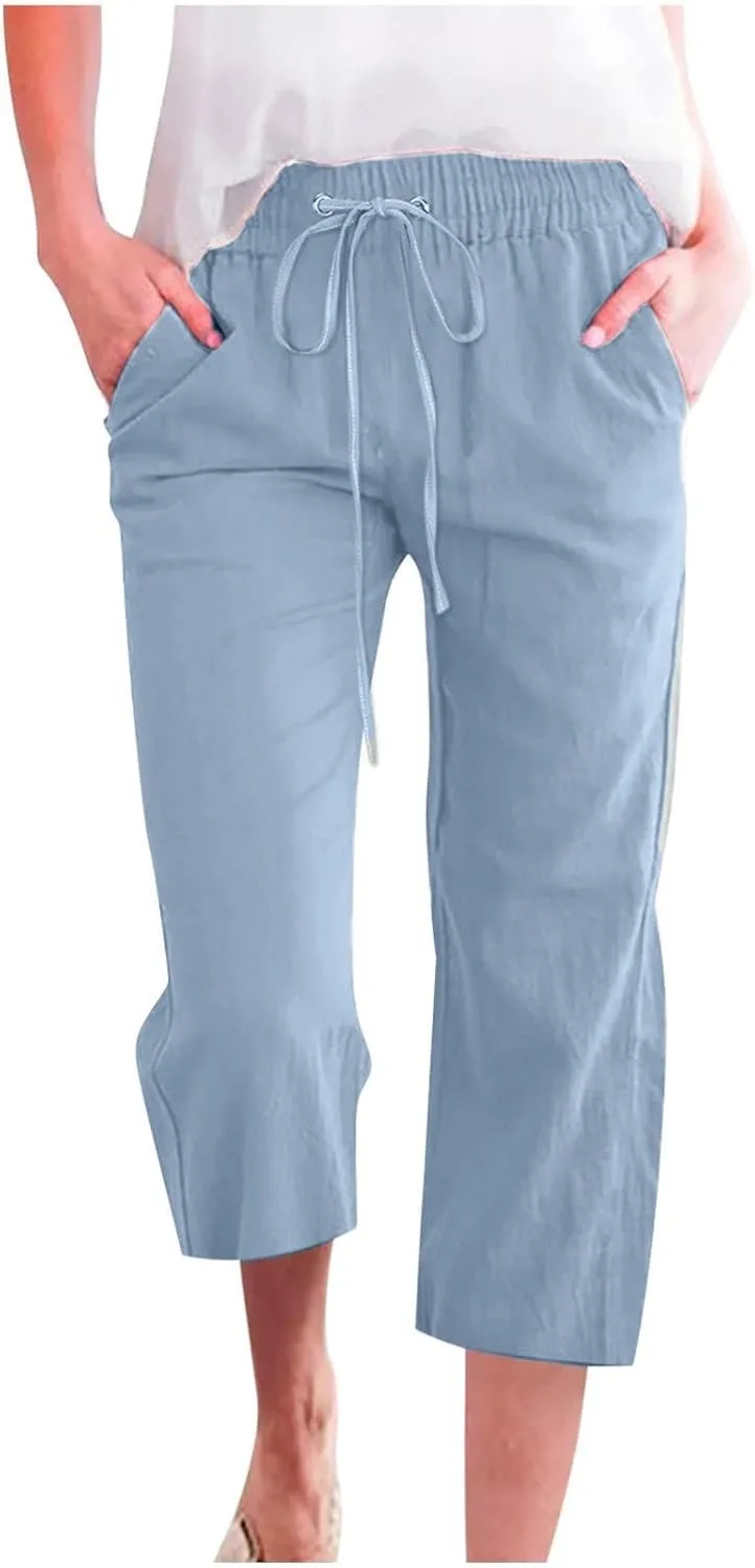 Linen Capris Pants for Women Summer Casual Drawstring Loose Elastic High Waist Cropped Straight Trousers with Pockets