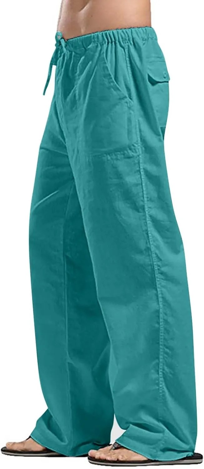 Linen Cargo Pants for Mens Solid Drawstring Workout Athletic Trousers with Pockets Hipster Cotton Casual Overalls Big & Tall