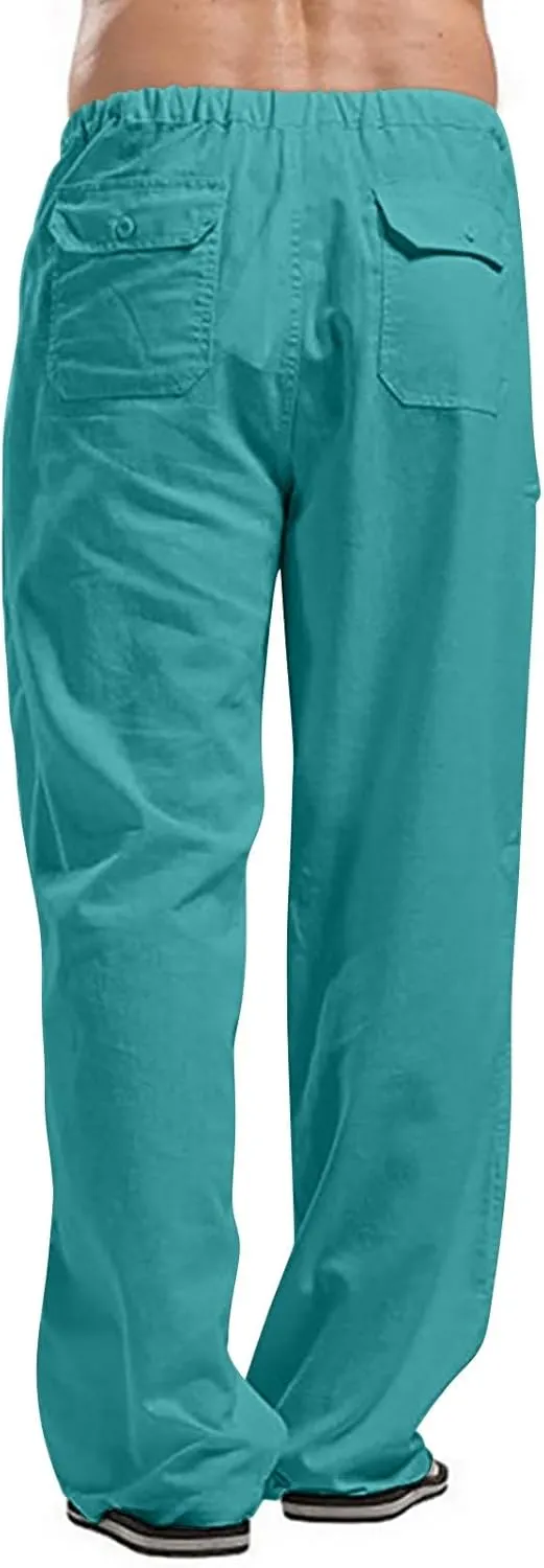 Linen Cargo Pants for Mens Solid Drawstring Workout Athletic Trousers with Pockets Hipster Cotton Casual Overalls Big & Tall