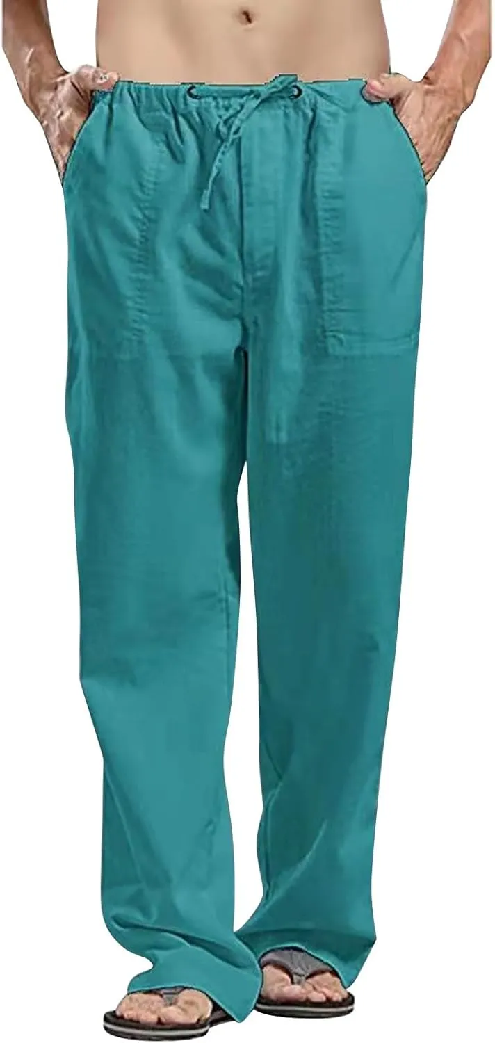 Linen Cargo Pants for Mens Solid Drawstring Workout Athletic Trousers with Pockets Hipster Cotton Casual Overalls Big & Tall