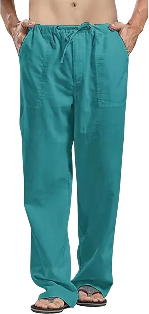 Linen Cargo Pants for Mens Solid Drawstring Workout Athletic Trousers with Pockets Hipster Cotton Casual Overalls Big & Tall