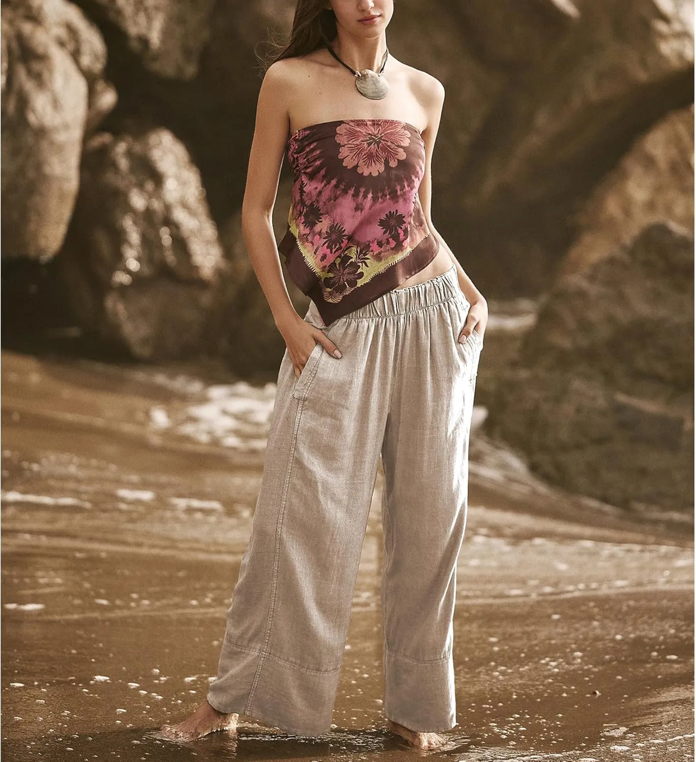 Linen Pants for Women Cotton Baggy Boho Casual Palazzo Pants Wide Leg Long Lounge Trousers with Pockets